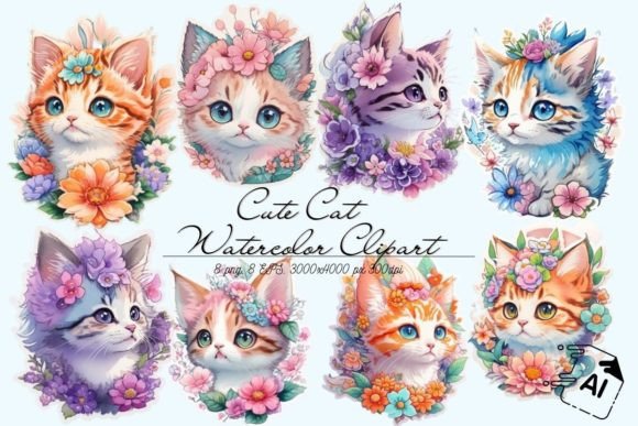 Download Cat &amp; Flowers Watercolor Stickers Vector - Watercolor stickers Collection