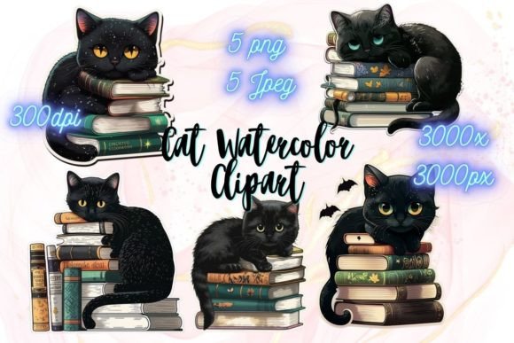 Download Black Cat &amp; Books Watercolor Stickers - Watercolor stickers Collection