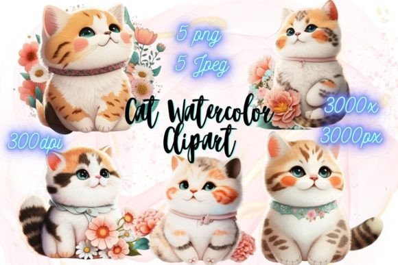 Download Cat &amp; Flowers Watercolor Stickers - Watercolor stickers Collection