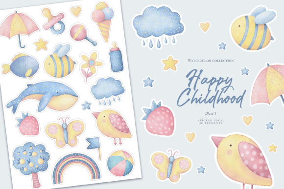 Download Happy Childhood. Watercolor Stickers. - Watercolor stickers Collection